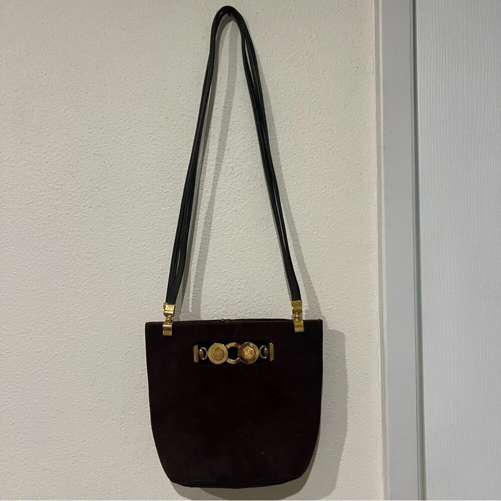 Vintage Chocolate Brown Suede Leather Gold Tone Crossbody Bag